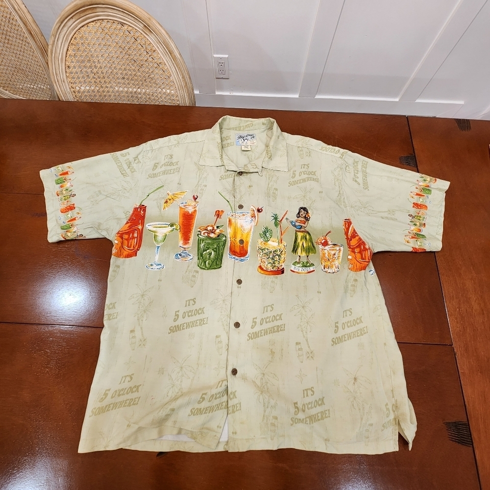 Big Dogs Hawaiian Button Up Shirt Mens L It's 5 O'Clock Somewhere Rayon AOP